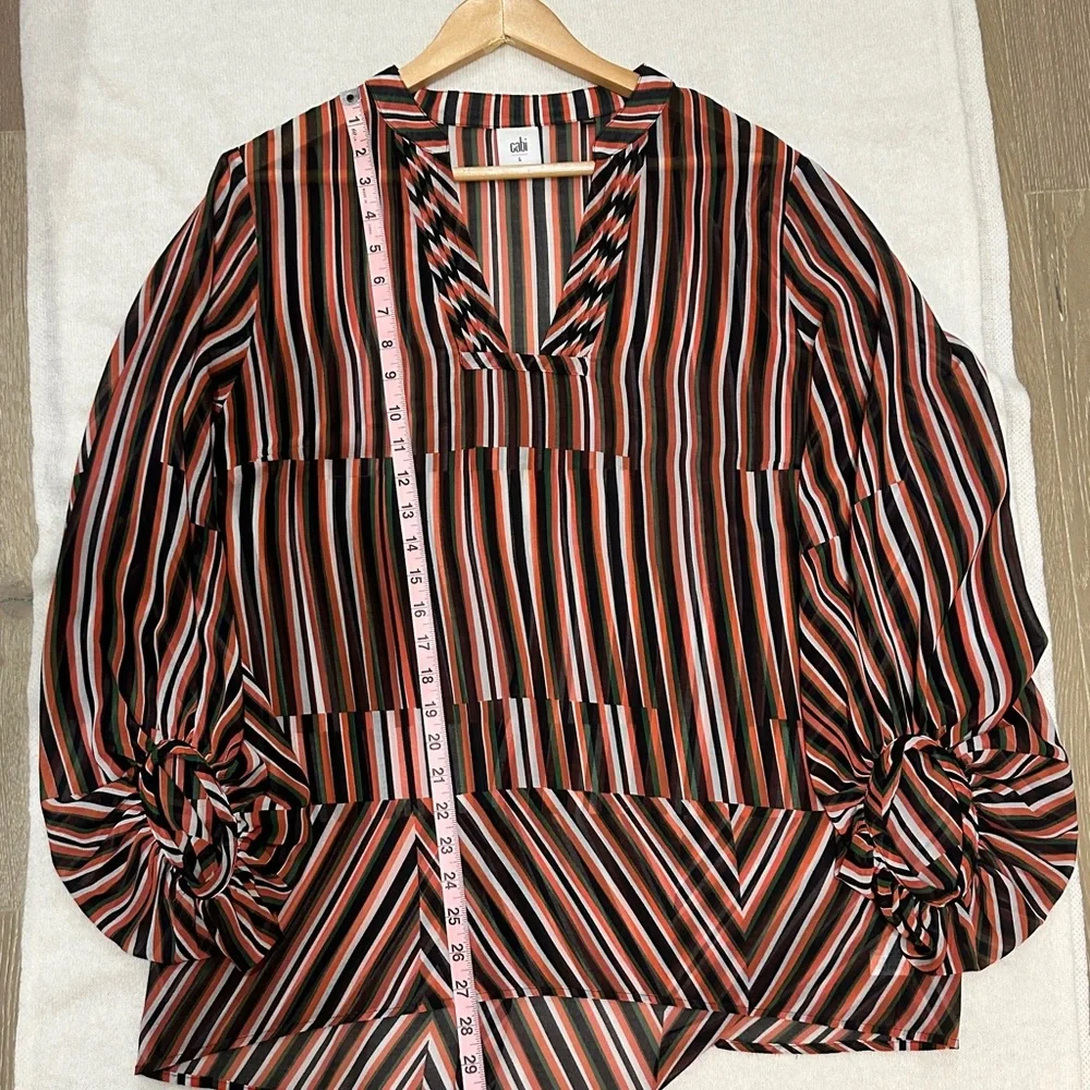 CAbi long sleeved, v-neck, striped sheer pullover‎ blouse. Navy, red, green. - Picture 8 of 12
